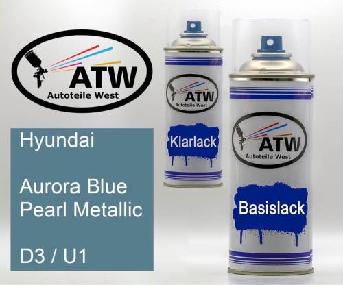 Hyundai, Aurora Blue Pearl Metallic, D3 / U1: 400ml Sprühdose + 400ml Klarlack - Set, von ATW Autoteile West.